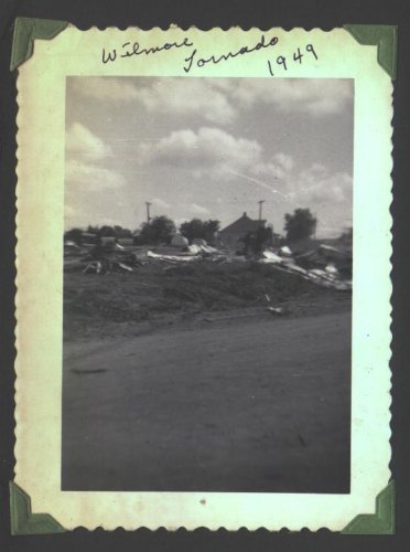 Aftermath of the May 20, 1949, tornado which hit Wilmore, Kansas. Photograph by J.R. & Gloria Cline, from the collection of Rhonda Nickel.