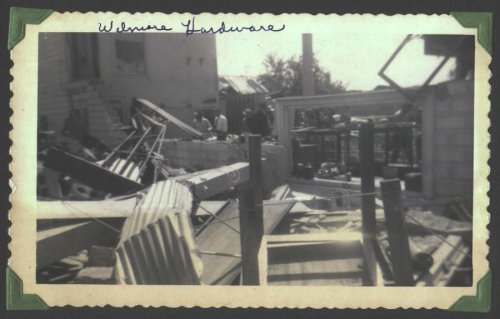 Aftermath of the May 20, 1949, tornado which hit Wilmore, Kansas. Photograph by J.R. & Gloria Cline, from the collection of Rhonda Nickel.