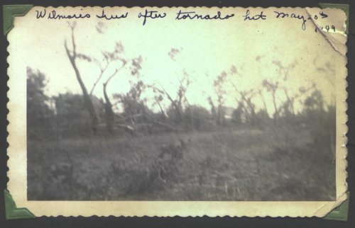 Aftermath of the May 20, 1949, tornado which hit Wilmore, Kansas. Photograph by J.R. & Gloria Cline, from the collection of Rhonda Nickel.