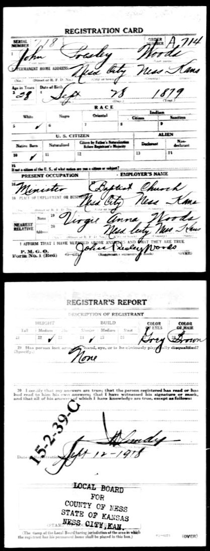 WWI Draft Registration card for John Presley Woods of Ness City, Kansas.