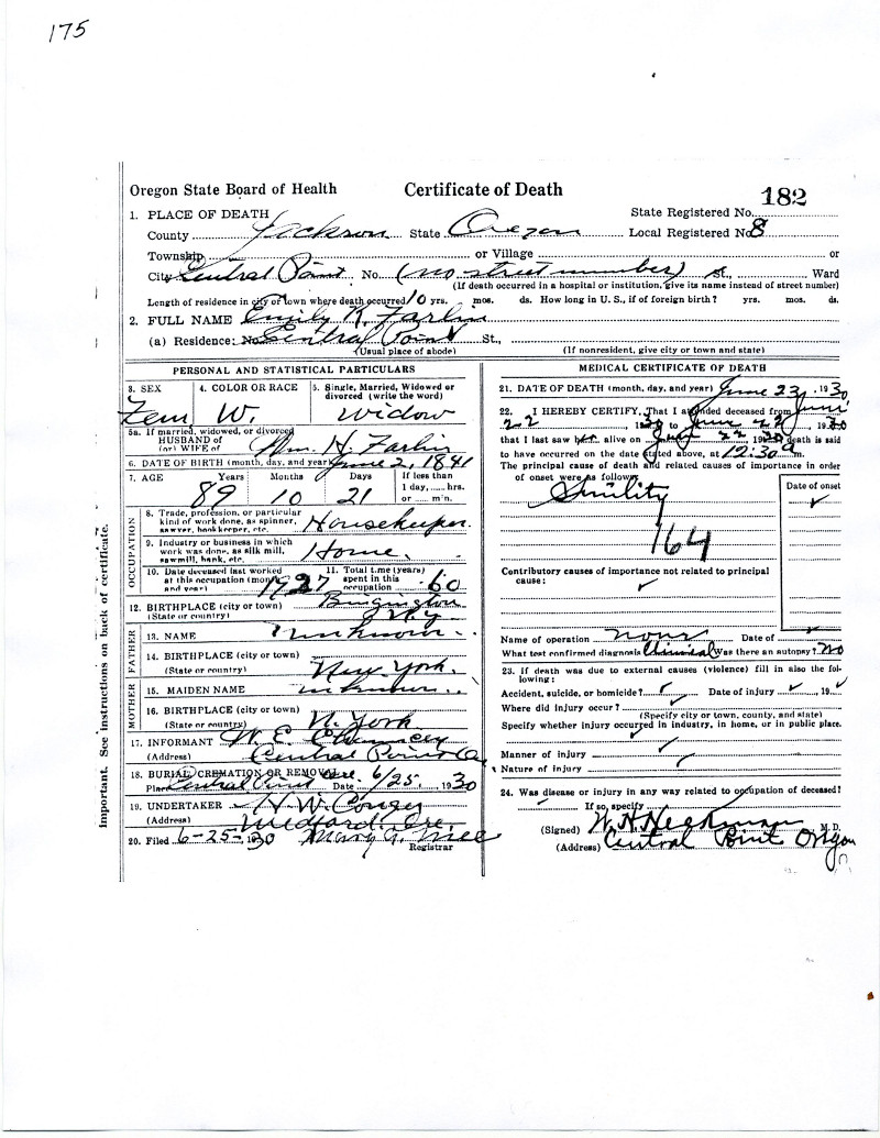 Photo of Emily R. Farlin Death Certificate